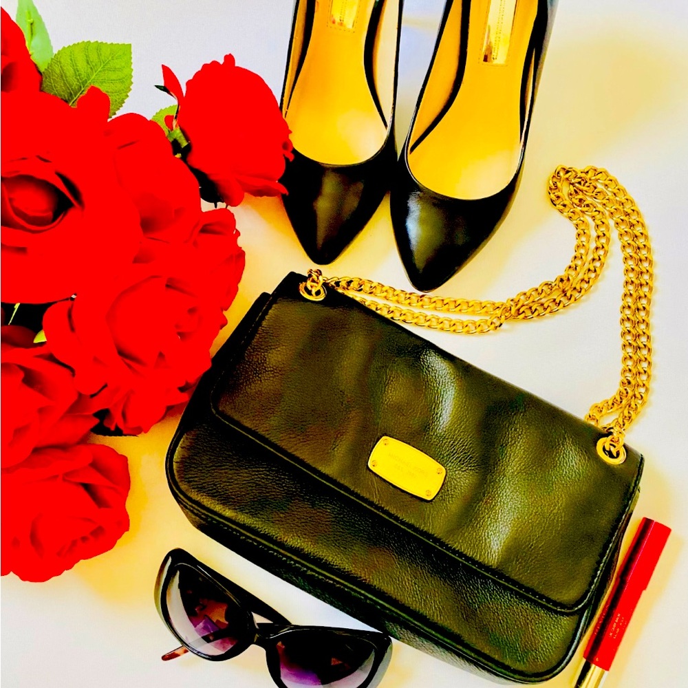Michael Kors Purse Jet Set Handbag Small Black Leather Gold Chain